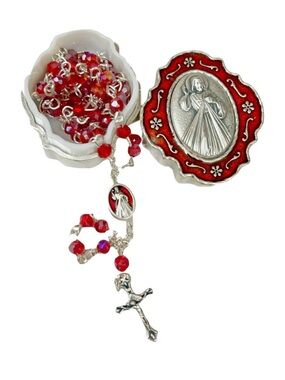 Catholic Silver Linked Rosary Set with Keepsake Box